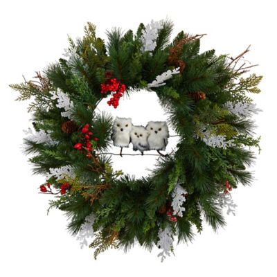 Nearly Natural 24 in. Holiday Winter Owl Family Pine Cone Berry Christmas Artificial Wreath