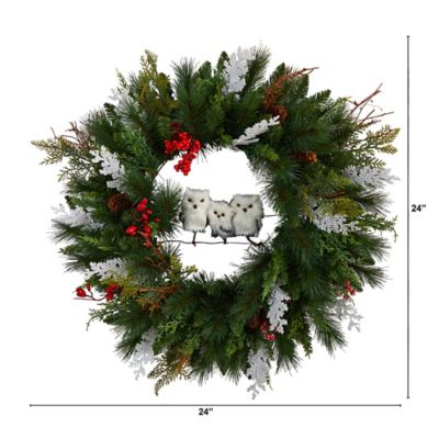 Image showing  24 in. Winter Owl Family Artificial Christmas Wreath with Pine Cones and Berries
