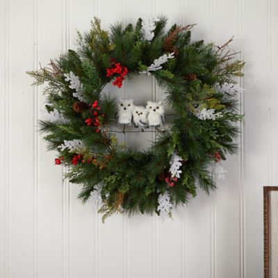 Image showing  24 in. Winter Owl Family Artificial Christmas Wreath with Pine Cones and Berries