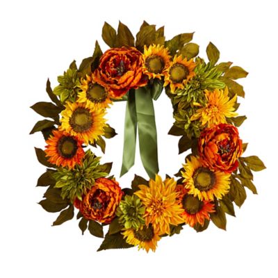 Nearly Natural 24 in. Peony Dahlia and Sunflower Artificial Wreath
