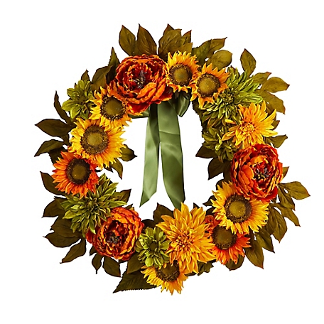 Nearly Natural 24 in. Peony Dahlia and Sunflower Artificial Wreath