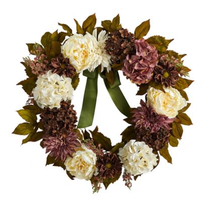 Nearly Natural 24 in. Peony Dahlia and Hydrangea Artificial Wreath, Dark Tones