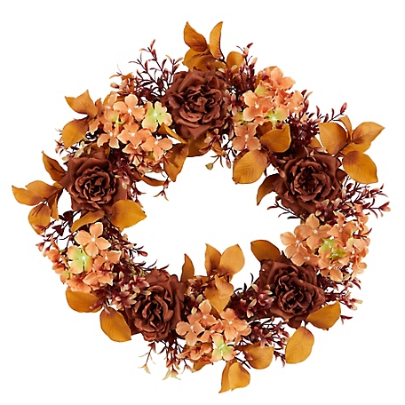Nearly Natural 20 in. Autumn Rose and Hydrangea Fall Artificial Wreath