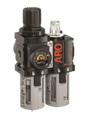 ARO 1000 Series 2 pc. Compressed Air Filter/Regulator/Lubricator Unit with Gauge, Manual Drain, Poly Bowl, C38111-600