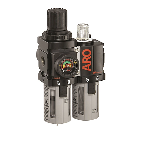 ARO 1000 Series 2 pc. Compressed Air Filter/Regulator/Lubricator Unit with Gauge, Manual Drain, Poly Bowl, C38111-600