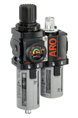 ARO 1000 Series 2 pc. Compressed Air Filter/Regulator/Lubricator Unit, Gauge, 1/4 in. NPT, Auto Drain, Poly Bowl, C38121-601