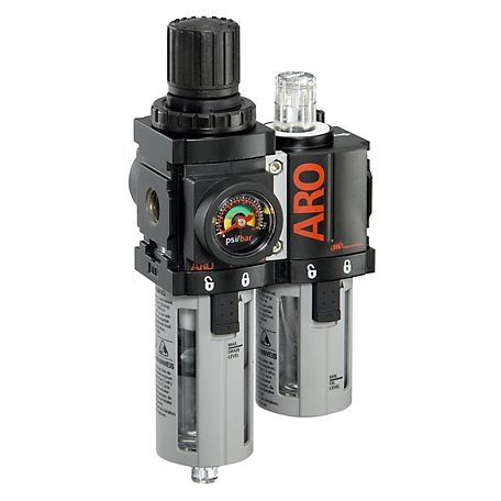 ARO 1000 Series 2 pc. Compressed Air Filter/Regulator/Lubricator Unit with Gauge, 1/4 in. NPT, Auto Drain, Poly Bowl, C38121-601