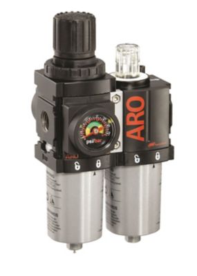 ARO 1000 Series 2 pc. Compressed Air Filter/Regulator/Lubricator Unit with Gauge, 1/4 in. NPT, Manual Drain, Metal, C38121-620