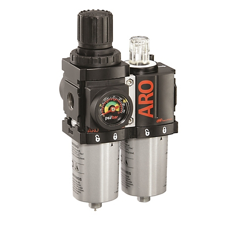 ARO 1000 Series 2 pc. Compressed Air Filter/Regulator/Lubricator Unit, Gauge, 1/4 in. NPT, Manual Drain, Metal, C38121-620