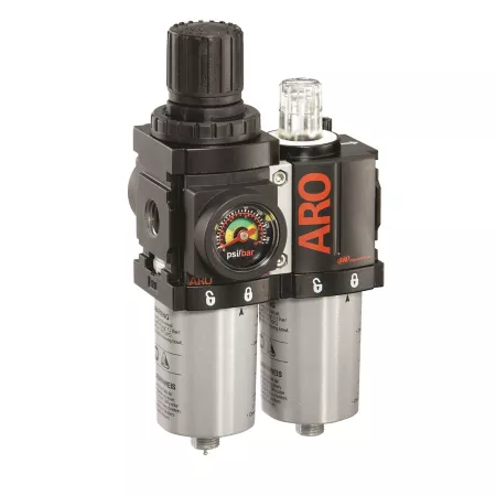 ARO 1000 series 2 pieces Compressed Air Filter/Regulator/Lubricator Unit Gauge 1/4 in NPT Manual Drain Metal C38121-620 Filters Regulators & Lubricators