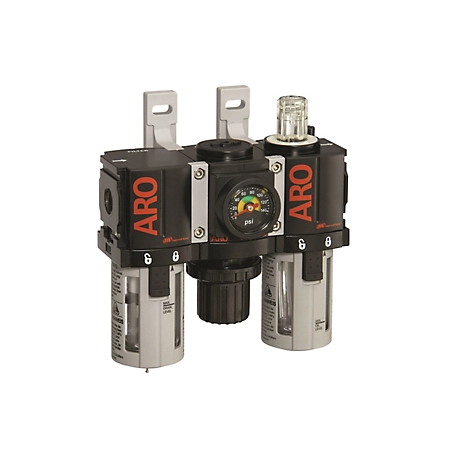 ARO 1000 Series 3 pc. Compressed Air Filter/Regulator/Lubricator Unit, Gauge, 1/4 in. NPT, Manual Drain, Poly, C38121-800