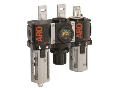 ARO 1000 Series 3 pc. Compressed Air Filter/Regulator/Lubricator Unit with Gauge, Auto Drain, Poly Bowl, C38121-801