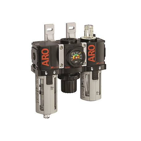 ARO 1000 Series 3 pc. Compressed Air Filter/Regulator/Lubricator Unit with Gauge, Auto Drain, Poly Bowl, C38121-801