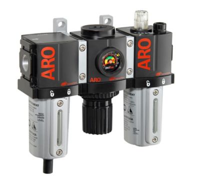 ARO 1500 Series 3 pc. Compressed Air Filter/Regulator/Lubricator Unit, Gauge, 1/4 in. NPT, Manual Drain, Metal, C38221-810