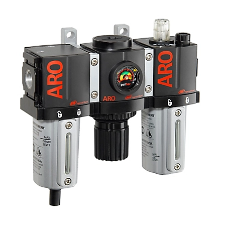ARO 1500 Series 3 pc. Compressed Air Filter/Regulator/Lubricator Unit with Gauge, 1/4 in. NPT, Manual Drain, Metal, C38221-810
