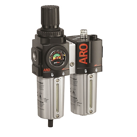 ARO 2000 Series 2 pc. Compressed Air Filter/Regulator/Lubricator Unit, Gauge, 3/8 in. NPT, Manual Drain, Metal, C38331-610