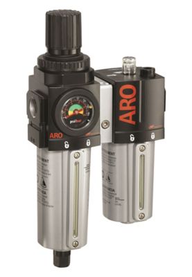 ARO 2000 Series 2 pc. Compressed Air Filter/Regulator/Lubricator Unit, Gauge, 3/8 in. NPT, Auto Drain, Metal, C38331-611