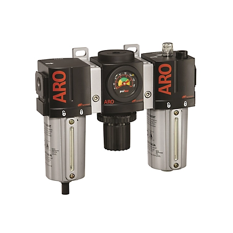 ARO 2000 Series 3 pc. Compressed Air Filter/Regulator/Lubricator Unit, Gauge, 1/2 in. NPT, Manual Drain, Metal, C38341-810