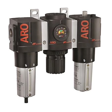 ARO 3000 Series 3 pc. Compressed Air Filter/Regulator/Lubricator Unit, Gauge, 3/4 in. NPT, Manual Drain, Metal, C38451-810