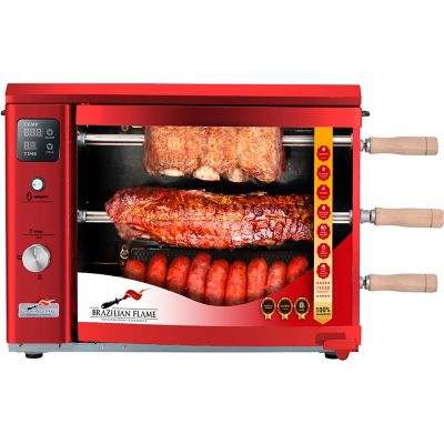 Brazilian Flame Portable Gas Rotisserie Grill for Brazilian Style Barbeque with Electronic Burners and 3 Skewers in Red