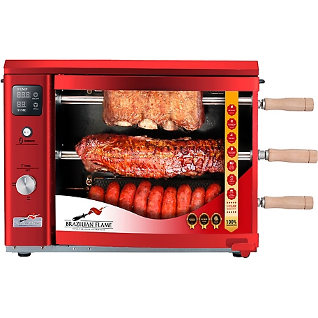 Brazilian Flame Portable Gas Rotisserie Grill for Brazilian Style Barbeque with Electronic Burners and 3 Skewers in Red