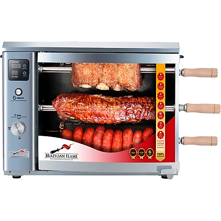 Brazilian Flame Portable Gas Rotisserie Grill for Brazilian Style Barbeque with Electronic Burners and 3 Skewers in Silver