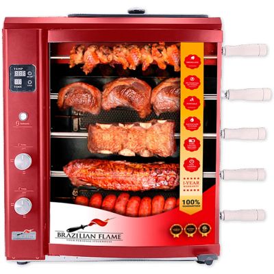 Brazilian Flame Portable Gas Rotisserie Grill for Brazilian-Style Barbeque with Upper Warming Tray and 5 Skewers in Red