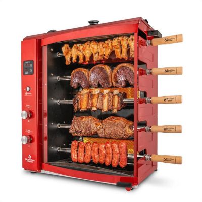 Brazilian Flame Portable Gas Rotisserie Grill for Brazilian-Style Barbeque with Upper Warming Tray and 5 Skewers in Red