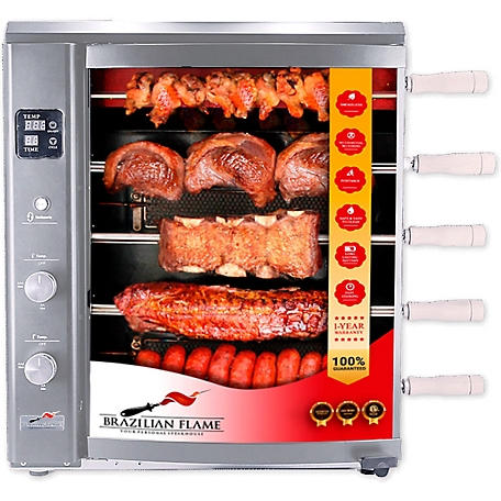 Brazilian Flame Gas Rotisserie Grill with 5 Skewers in Silver