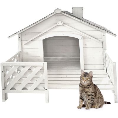 Critter Sitters Tall Raised Outdoor Wooden Pet House with Porch, White, 27 in.