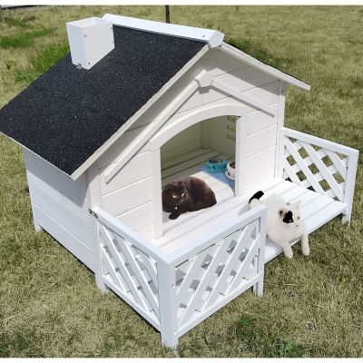 Image showing  Tall Raised Outdoor Wooden Pet House with Porch, White
