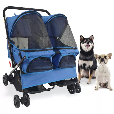 Critter Sitters 4-Wheel Double Stroller for 2 Pets 44 lbs and Under with 2 Storage Baskets Blue Pet Strollers