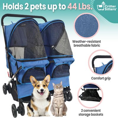 Image showing  4-Wheel Double Pet Stroller for 2 Pets 44 lb. and Under with 2 Storage Baskets, Blue