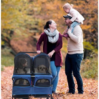 Image showing  4-Wheel Double Pet Stroller for 2 Pets 44 lb. and Under with 2 Storage Baskets, Blue
