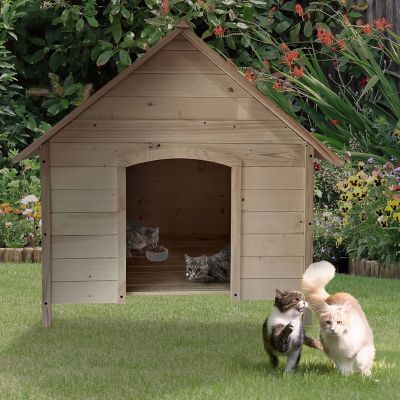Image showing  Tall Raised Log Cabin-Style Outdoor Wooden Pet House, Natural, 41 in.