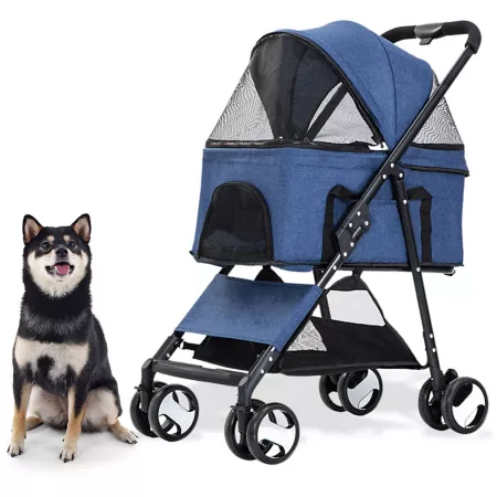 Critter Sitters Single 4-Wheel Pet Stroller for Pets 33 lbs and Under with Storage Basket Blue Pet Strollers