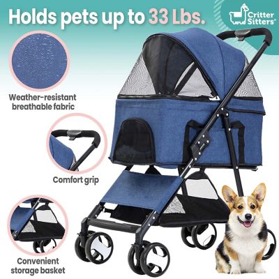 Image showing  Single 4-Wheel Pet Stroller for Pets 33 lb. and Under with Storage Basket, Blue