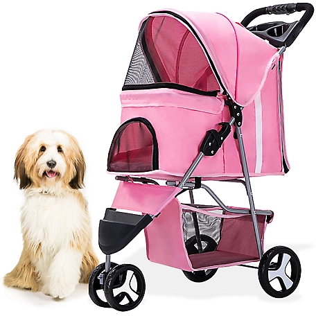 Critter Sitters Single 3-Wheel Jogging Pet Stroller for Pets 33 lb. and Under with Storage Basket, Pink