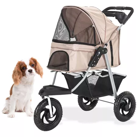 Critter Sitters 3-Wheel Single Jogging Stroller for Pets 55 lbs and Under with Storage Basket Tan Pet Strollers