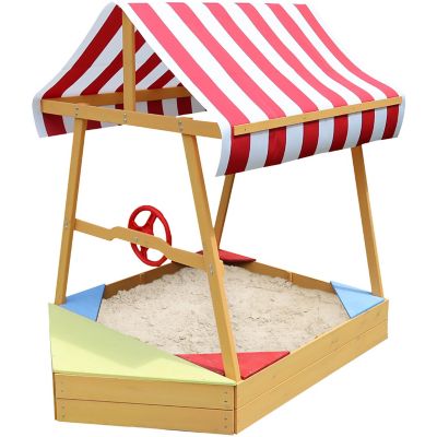 Critter Sitters Children's Wooden Sandbox Boat with Red/White Striped Canopy, Wheel and Bottom Liner