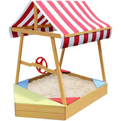 Critter Sitters Children's Wooden Sandbox Boat with Red/White Striped Canopy, Wheel and Bottom Liner
