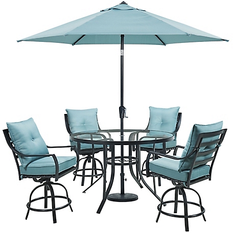 Hanover 5 pc. Lavallette Counter-Height Dining Set, 4 Swivel Chairs, 52 in. Round Glass-Top Table and Umbrella/Base, Ocean Blue