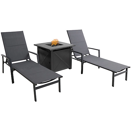 Hanover Halsted Sling Lounge Set with Tile-Top Fire Pit Table and Burner Cover, Gray, 40,000 BTU, 3 pc.