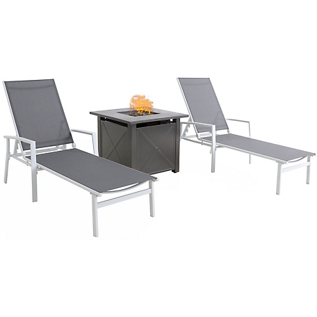 Hanover 3 pc. Naples Chaise Lounge Set, Includes Tile-Top Fire Pit Table with Burner Cover, White, 40,000 BTU