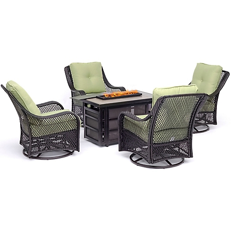 Hanover Orleans Fire Pit Chat Set with 4 Woven Swivel Gliders, 30,000 BTU, Avocado Green, 5 pc.