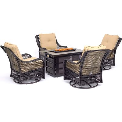 Hanover 5 pc. Orleans Fire Pit Chat Set, Includes Fire Pit Table and 4 Woven Swivel Gliders, 30,000 BTU, Sahara Sand