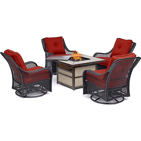 Hanover 19 in. Orleans Fire Pit Chat Set with 4 Woven Swivel Gliders, 40,000 BTU, Autumn Berry, 5 pc.
