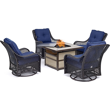 Hanover 19 in. Orleans Fire Pit Chat Set with 4 Woven Swivel Gliders, 40,000 BTU, Navy Blue, 5 pc.