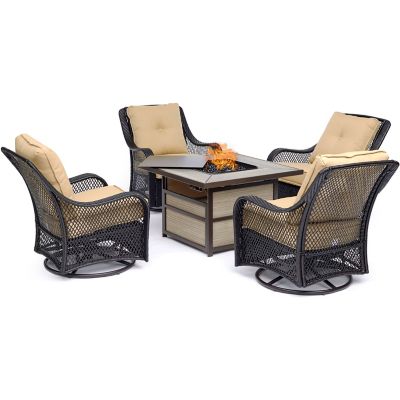 Hanover 19 in. Orleans Fire Pit Chat Set with 4 Woven Swivel Gliders, 40,000 BTU, Sahara Sand, 5 pc.