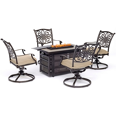 Hanover Traditions Seating Set with Fire Pit Table and 4 Swivel Rockers, 5 pc., 30,000 BTU, Tan